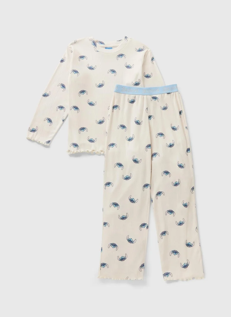 Matalan Disney Girls Blue Stitch Ribbed Pyjama Set