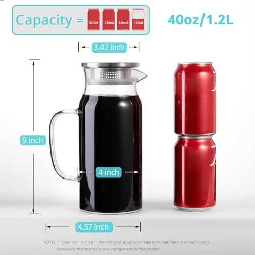 Bivvclaz 1.2 Liter 40 oz Small Glass Pitcher with Lid and Handle, Glass Carafe for Hot/Cold Water, Iced Tea Jug for Coffee, Juice and Homemade Beverage - Image 2