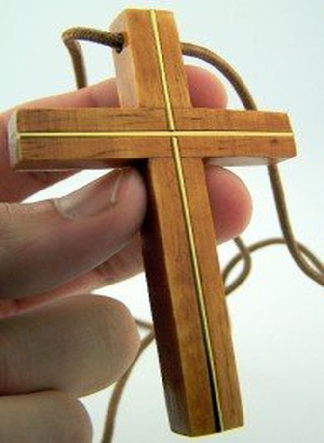 WJH Light Wood Latin Pectoral Cross with Gold Tone Inlay, 3 1/4 Inch - Image 3