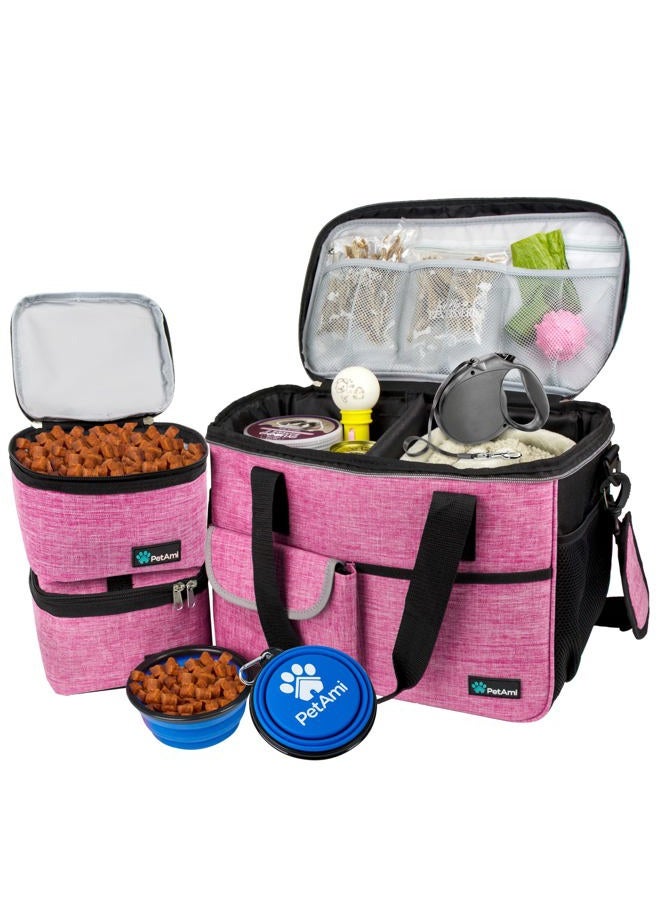 PetAmi Dog Travel Bag, Travel Pet Bag Organizer, Dog Food Travel Bag with Food Container and Bowls, Dog Travel Supplies Gift Accessories for Weekend Camping, Dog Cat Diaper Bag (Pink, Medium) - Image 1