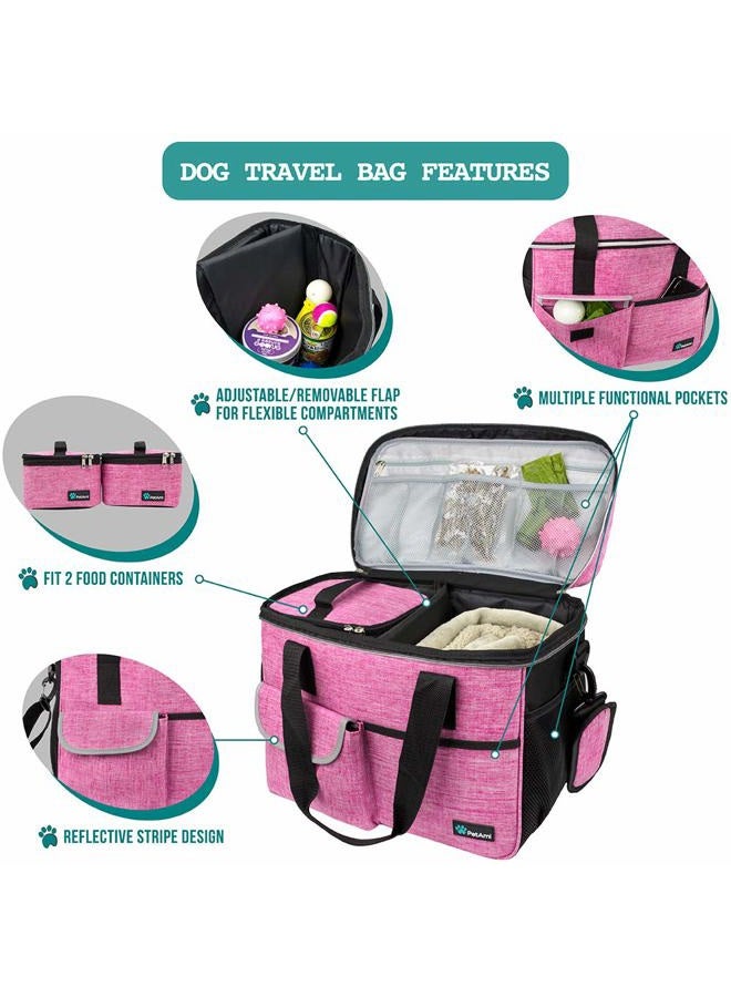 PetAmi Dog Travel Bag, Travel Pet Bag Organizer, Dog Food Travel Bag with Food Container and Bowls, Dog Travel Supplies Gift Accessories for Weekend Camping, Dog Cat Diaper Bag (Pink, Medium) - Image 4