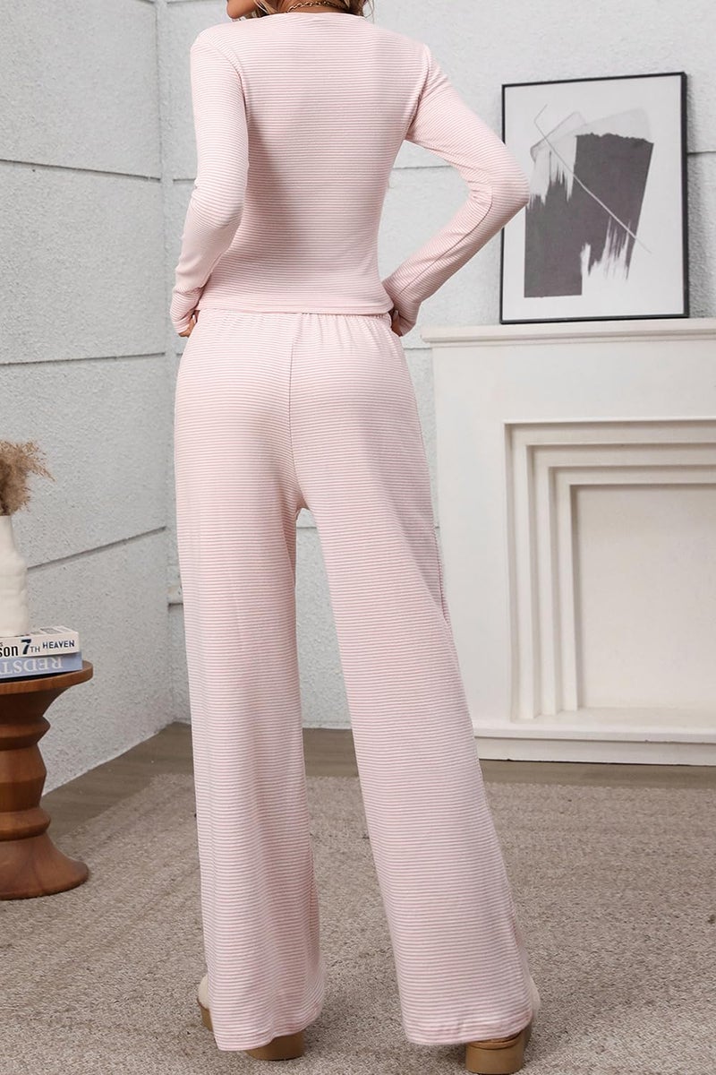 CHYRII Women T Shirts Fall Outfits 2025 Cute Wide Leg Pants Trendy Striped Lounge Sets 2 Piece Track Suit Pink XS - Image 5