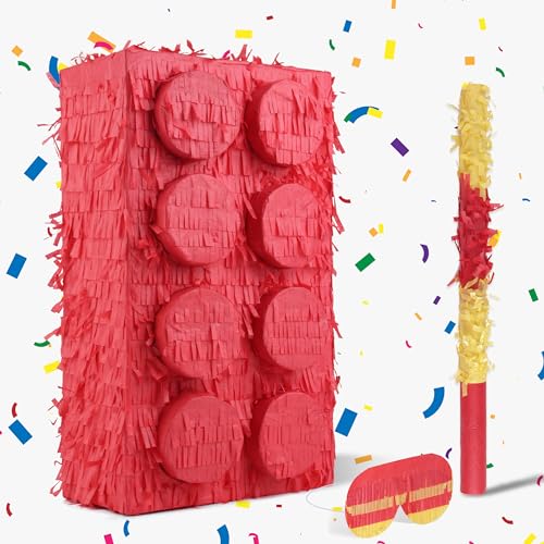 Birchio Block Pinata Bundle with a Blindfold and Bat17 x 11 x 4 Inches Perfect for Birthday Party Supplies Building Blocks Theme Birthday Decoration - Image 1