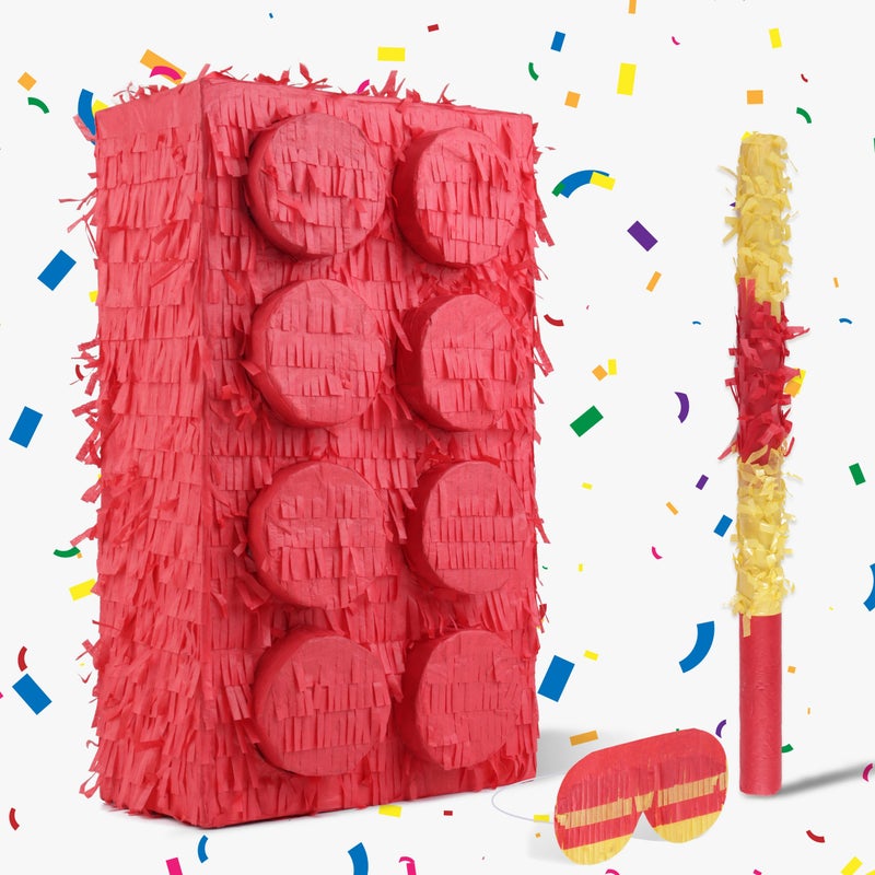 Birchio Block Pinata Bundle with a Blindfold and Bat17 x 11 x 4 Inches Perfect for Birthday Party Supplies Building Blocks Theme Birthday Decoration - Image 3