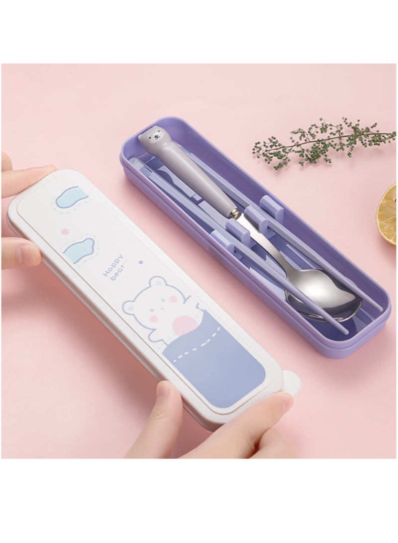 KASTWAVE أدوات سفر، مجموعة أدوات الطعام المحمولة للسفر والتخييم والمدرسة، أدوات مائدة قابلة لإعادة الاستخدام، آمنة للغسيل في آلة الصحون، تتضمن ملعقة من الفولاذ المقاوم للصدأ وألياف زجاجية مع حقيبة، مجموعة هدايا، دب أزرق لطيف - Image 4