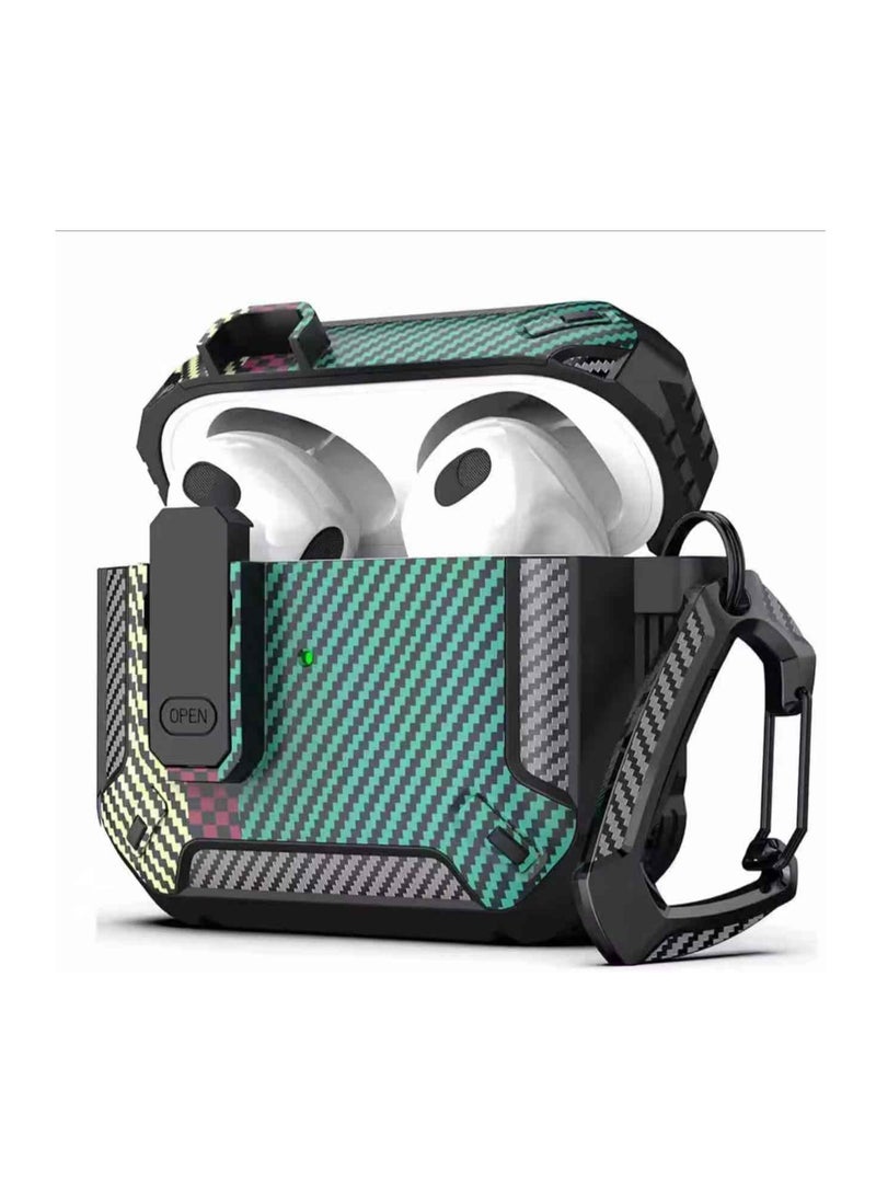 AirPods Pro 2Gen/1st Gen Case with hook, Military Hard Protective Armor with Lock, for AirPod pro 2 Charging Case (2023/2022/2019, 2nd Gen/1st Gen) (Carbon Fiber Green) - Image 1