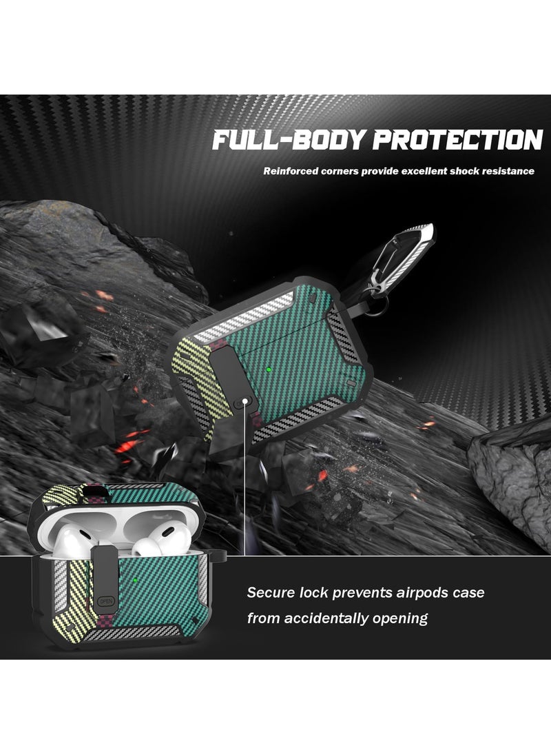 AirPods Pro 2Gen/1st Gen Case with hook, Military Hard Protective Armor with Lock, for AirPod pro 2 Charging Case (2023/2022/2019, 2nd Gen/1st Gen) (Carbon Fiber Green) - Image 3