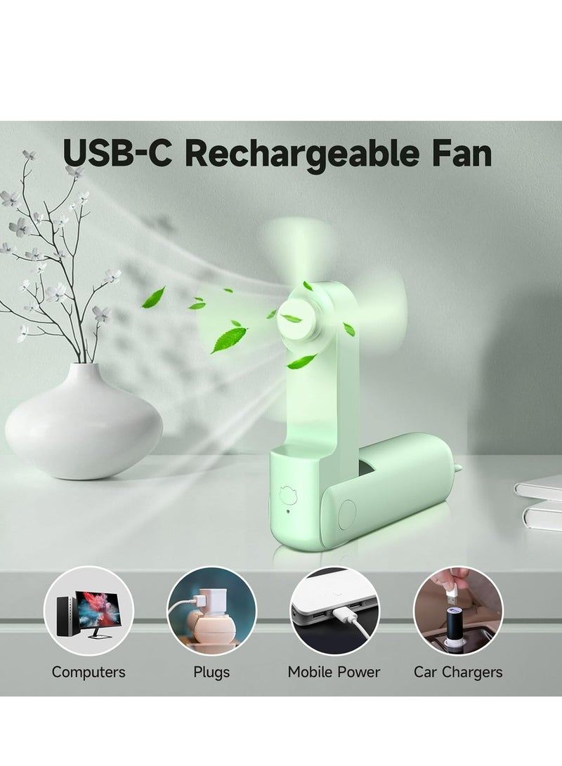 مروحة صغيرة محمولة، مروحة محمولة قابلة للطي مع بنك طاقة، مروحة جيب صغيرة قابلة لإعادة الشحن عبر USB، مروحة شخصية تعمل بالبطارية مع 3 سرعات للسفر خارج المنزل للنساء (أخضر) - Image 3