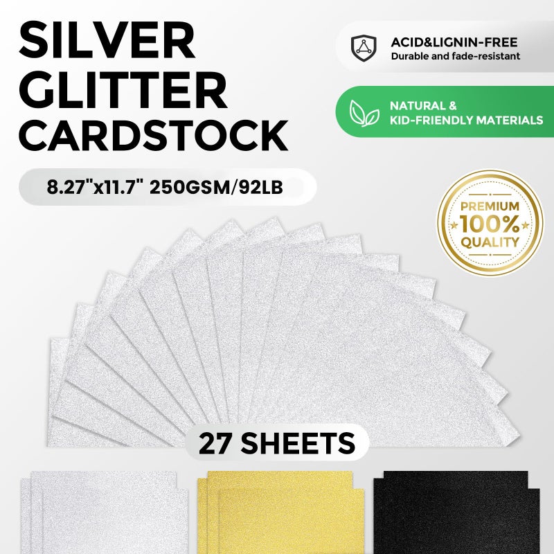 BOOKNOW 27 Sheets Silver Glitter Cardstock, 8.27" x 11.7" (A4 Size) Heavyweight Sparkle Paper, 250GSM/92LB Glitter Paper for Wedding Invitations, Scrapbooking, Card Making, DIY Cake Toppers - Image 2