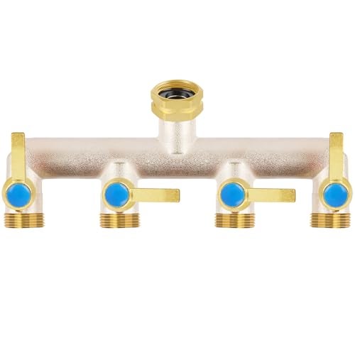 UQM Upgraded Brass Garden Hose Splitter 34 Hose Splitter 4 Way Heavy Duty with Extension Handles Outdoor Faucet Splitter Water Spigot Splitter with Individual OnOff Valve - Image 1