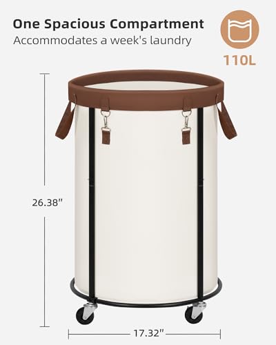 STORAGE MANIAC Rolling Laundry Hamper with Wheels 110L Laundry Basket Round Laundry Cart with Metal Frame and Removable Bag Clothes Hamper for Bedroom Bathroom Dorm Room Laundry Room Beige - Image 3