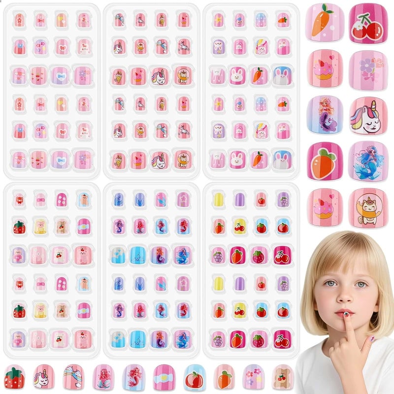 Thrilez 144 Pcs Small Kids Nails Set, 6 Pack Mini Press on Nail Pre-glue Artificial False Acrylic Nails Set for Little Girl Children - Image 1