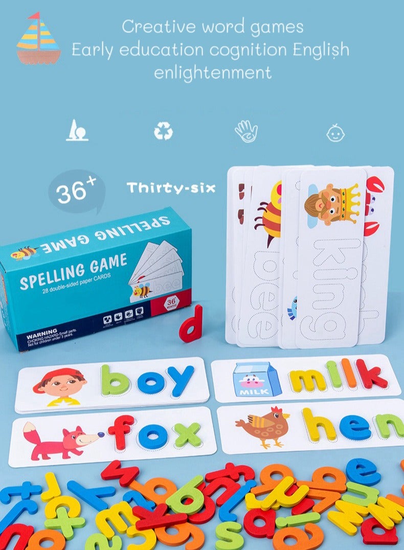 Wooden Reading Alphabet Spelling Games with 28 Cards Letter Words Puzzle for Kids Montessori Spinning Alphabet Learning Toy for Preschool Boys Girls  - Image 1