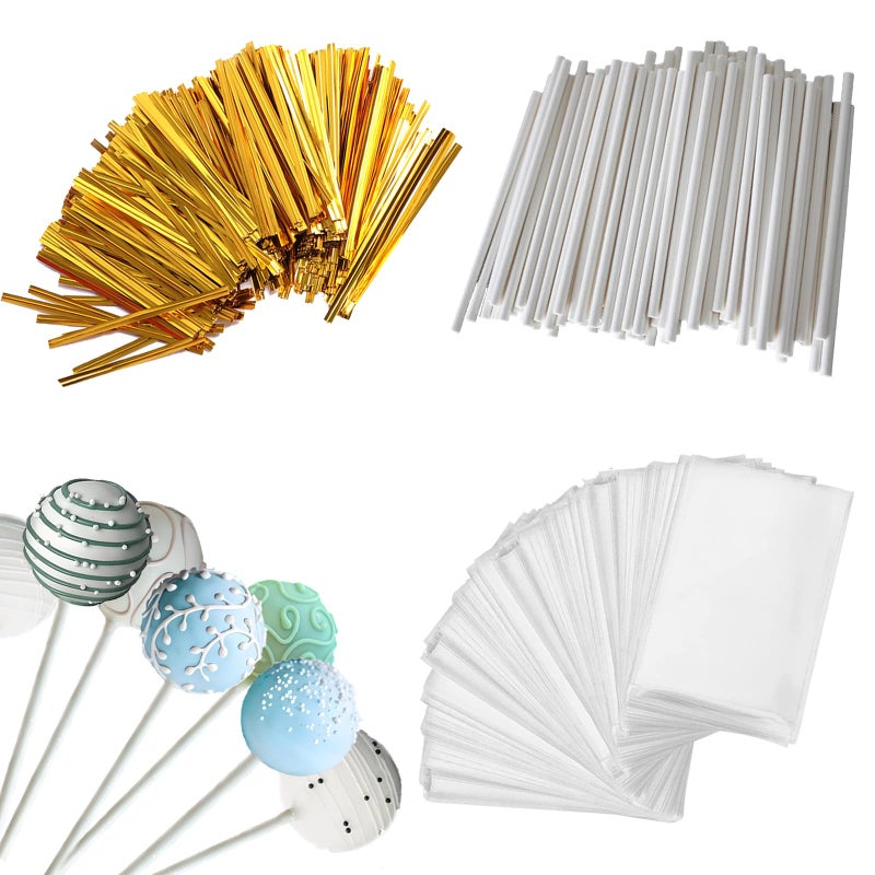 Eiahonen 300 PCS Cake Pop Sticks and Wrappers Kit Including 100ct 6-inch Cake Pop Paper Lollipop Sticks, 100ct Clear Candy Treat Bags, 100ct Gold Twist Ties for Cake Pops, Lollipops, Candy, Chocolate - Image 1