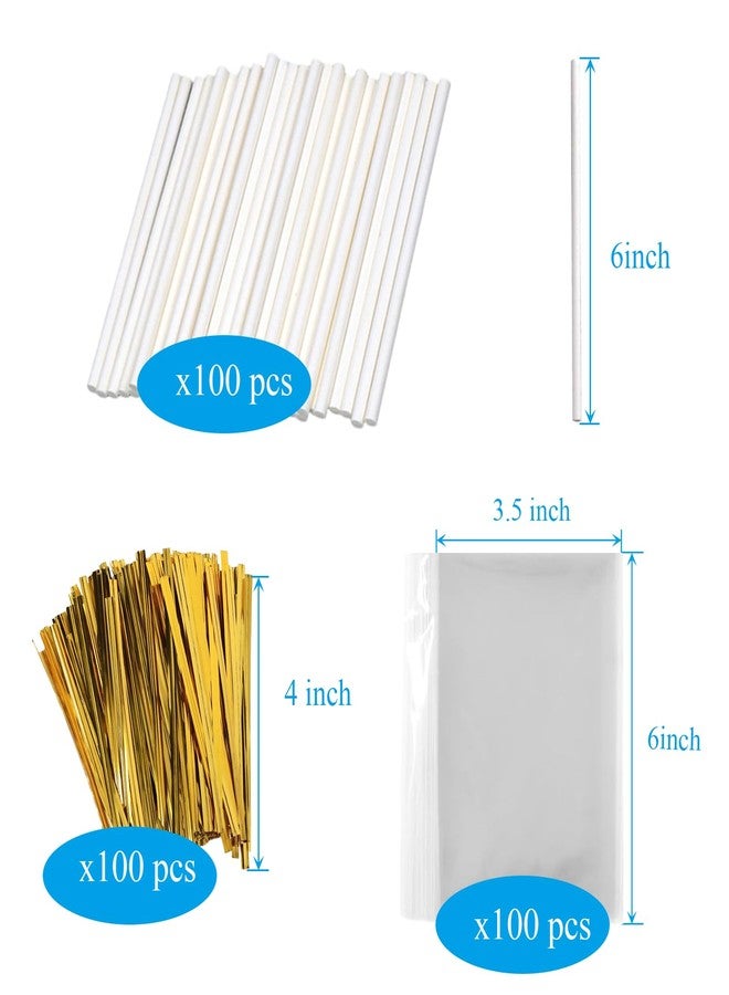 Eiahonen 300 PCS Cake Pop Sticks and Wrappers Kit Including 100ct 6-inch Cake Pop Paper Lollipop Sticks, 100ct Clear Candy Treat Bags, 100ct Gold Twist Ties for Cake Pops, Lollipops, Candy, Chocolate - Image 2