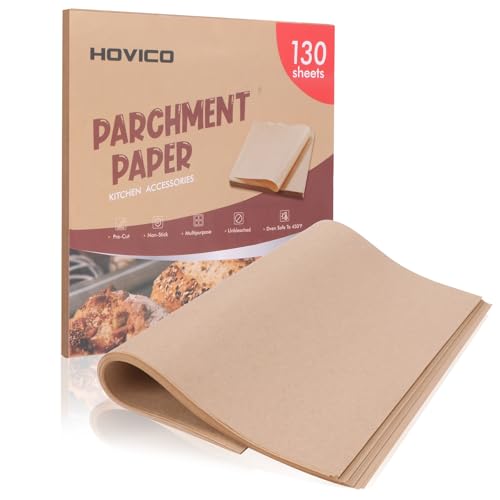 Hovico 130-Pack Precut Parchment Paper Sheets | 12x12 Inch Unbleached Brown Baking Paper | Heavy Duty Non-Stick Liners for Oven, Air Fryer, Grill & Steaming | Perfect for Baking, Cooking, Wrapping Food - Image 1