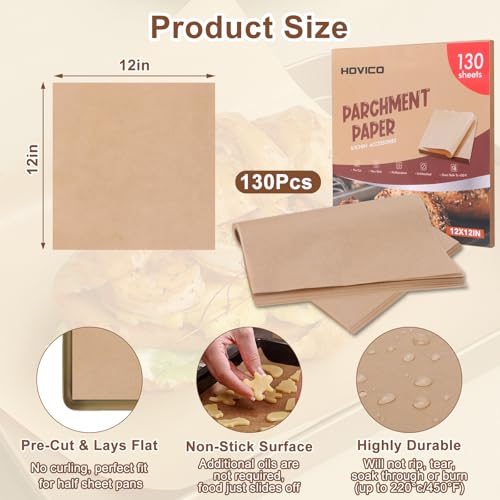 Hovico 130-Pack Precut Parchment Paper Sheets | 12x12 Inch Unbleached Brown Baking Paper | Heavy Duty Non-Stick Liners for Oven, Air Fryer, Grill & Steaming | Perfect for Baking, Cooking, Wrapping Food - Image 2