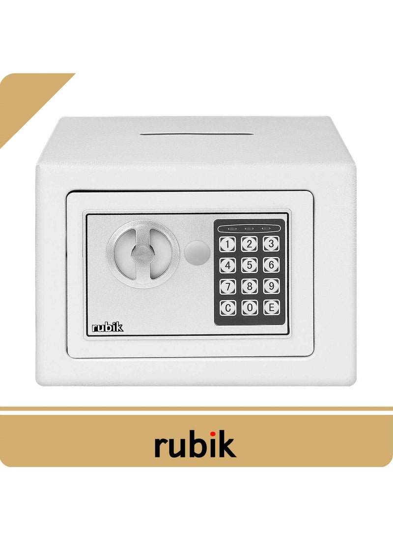 Rubik Mini Cash Deposit Drop Slot Safe Box with Key and Pin Code Option 23x17x17cm (White)  - Image 1