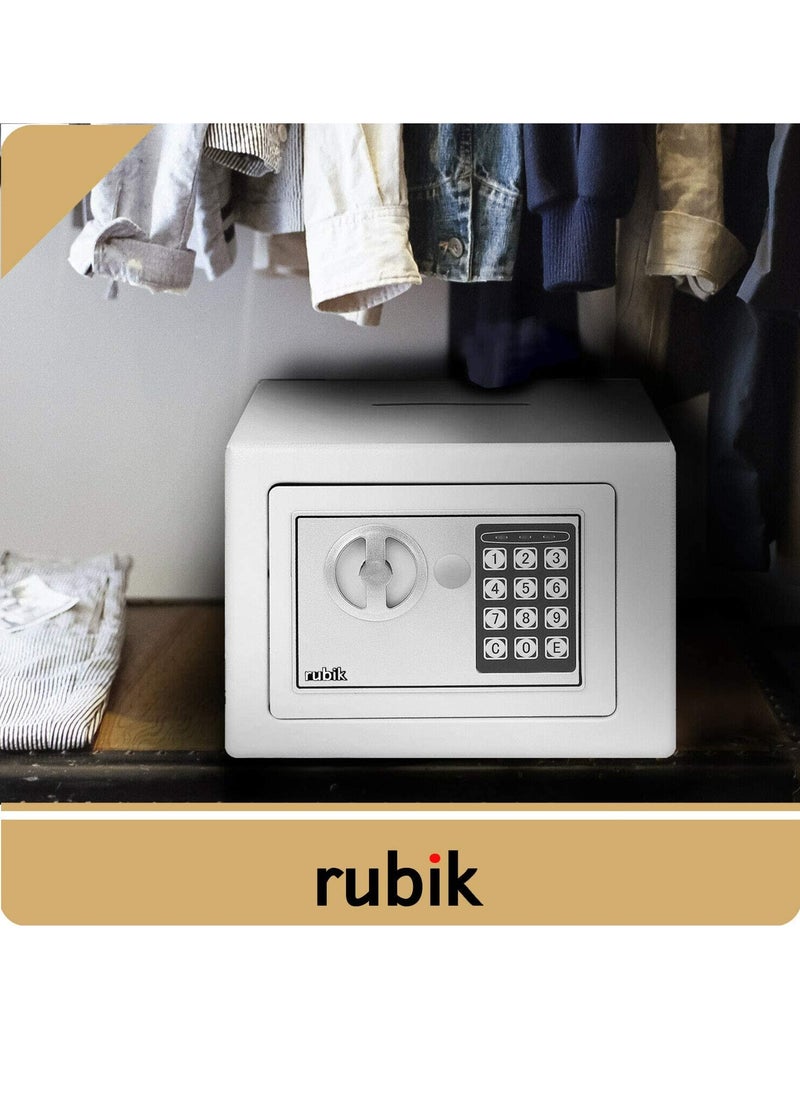 Rubik Mini Cash Deposit Drop Slot Safe Box with Key and Pin Code Option 23x17x17cm (White)  - Image 3