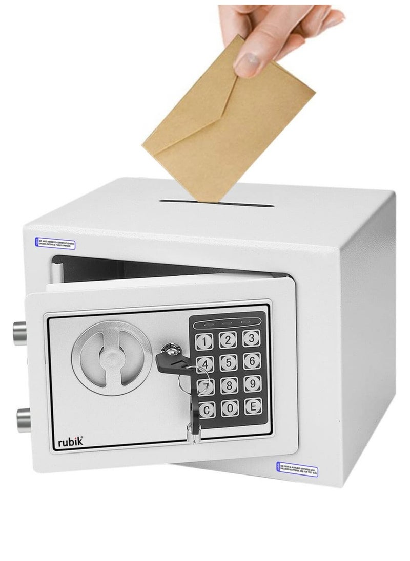 Rubik Mini Cash Deposit Drop Slot Safe Box with Key and Pin Code Option 23x17x17cm (White)  - Image 2