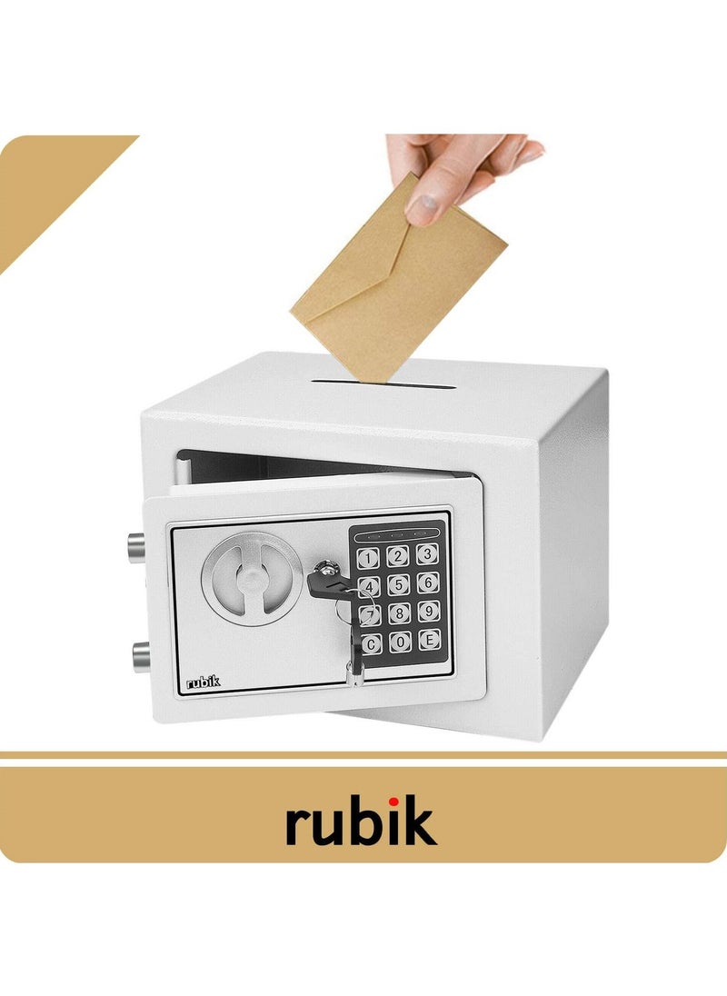 Rubik Mini Cash Deposit Drop Slot Safe Box with Key and Pin Code Option 23x17x17cm (White)  - Image 3
