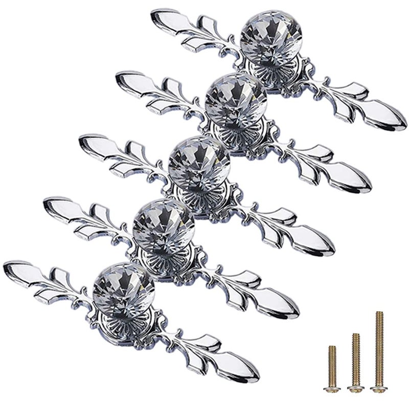 ESreake 5 Pack Silver Diamond Clear Crystal Glass Decorative Knobs with Plate,Drawer Dresser Pulls Handles with 3 Kinds of Screws for Kitchen Bathroom Office Decoration (5 Pack, Small, Silver) - Image 1