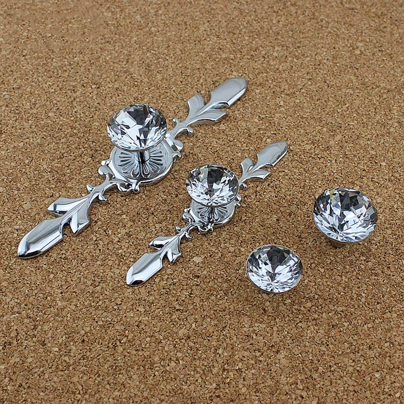 ESreake 5 Pack Silver Diamond Clear Crystal Glass Decorative Knobs with Plate,Drawer Dresser Pulls Handles with 3 Kinds of Screws for Kitchen Bathroom Office Decoration (5 Pack, Small, Silver) - Image 3