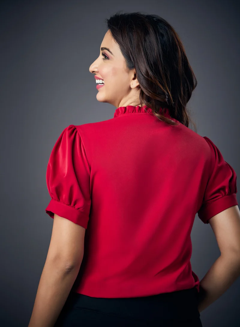 Zigzag Red Frilled Neck Chiffon top