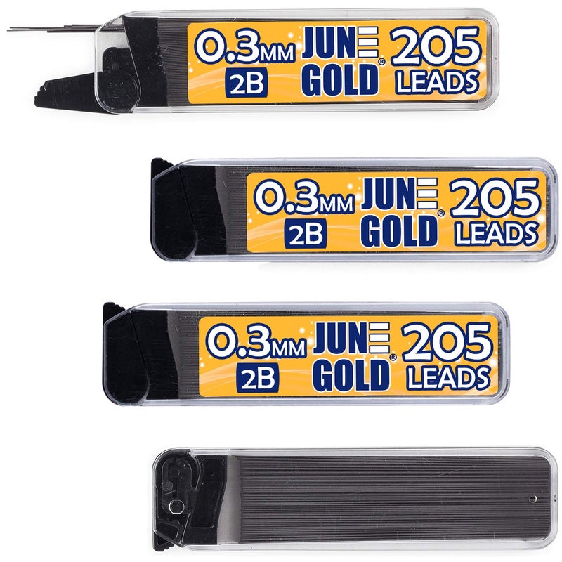 June Gold 820 Pieces, 0.3 mm 2B Lead Refills, 205 Pieces Per Dispenser, Extra Fine Thickness, Break Resistant Lead/Graphite (Pack of 4 Dispensers) - Image 1