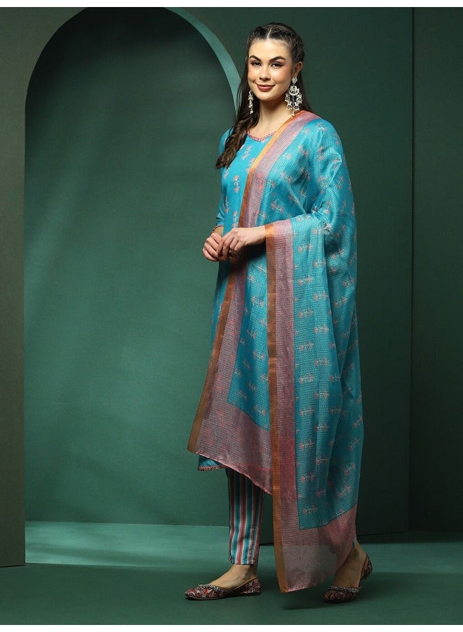AKS Floral Printed V-Neck Linen Kurta With Trousers & Dupatta - Image 4
