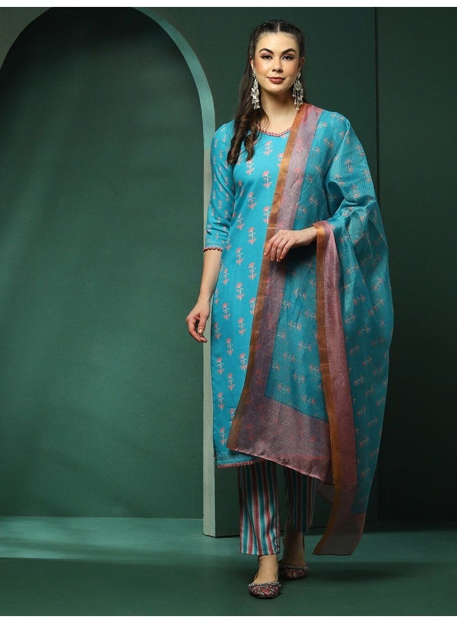 AKS Floral Printed V-Neck Linen Kurta With Trousers & Dupatta - Image 1