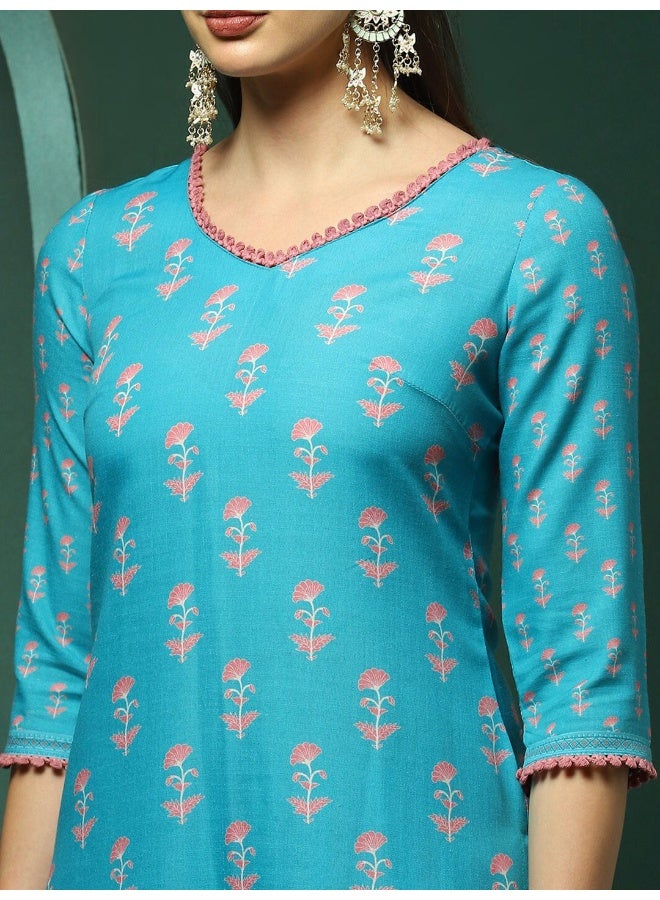 AKS Floral Printed V-Neck Linen Kurta With Trousers & Dupatta - Image 2
