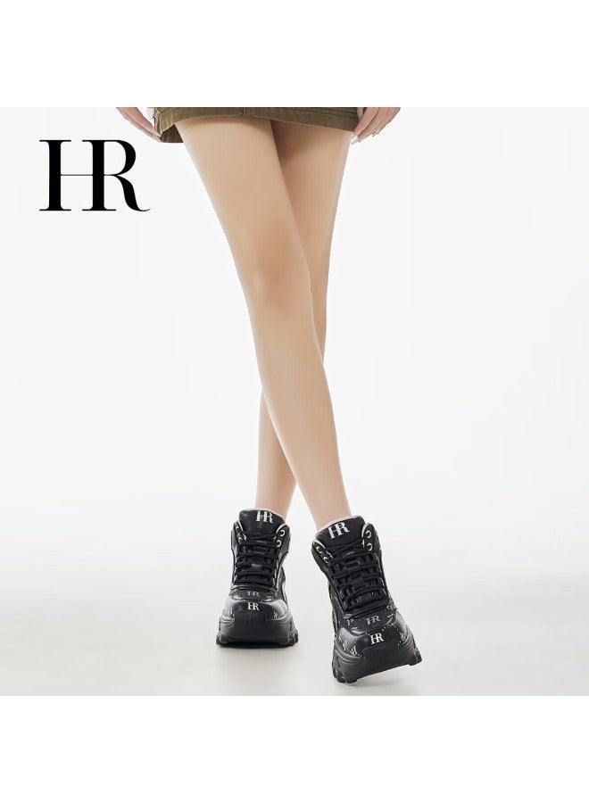 Hrhr Women's Shoes Autumn Winter New High-top Thick-soled Fleece-lined Casual Dad Sneakers Black Silver Size 38 - Image 3