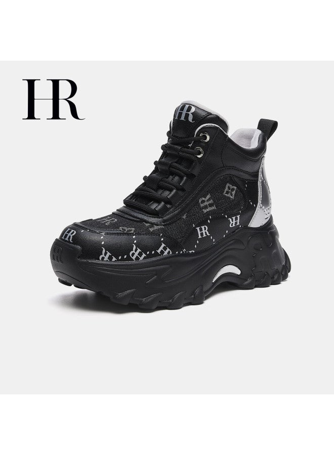 Hrhr Women's Shoes Autumn Winter New High-top Thick-soled Fleece-lined Casual Dad Sneakers Black Silver Size 38 - Image 1