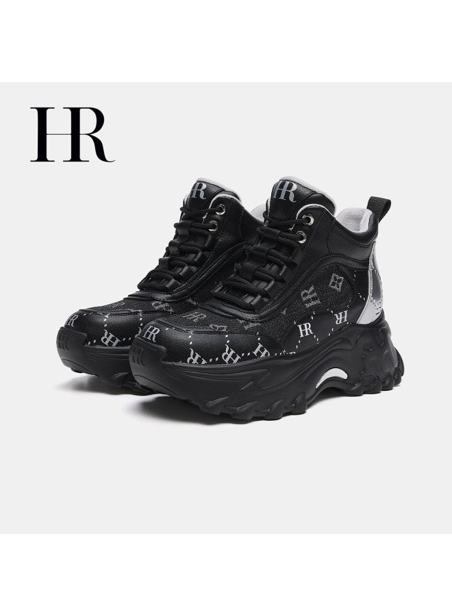 Hrhr Women's Shoes Autumn Winter New High-top Thick-soled Fleece-lined Casual Dad Sneakers Black Silver Size 38 - Image 4