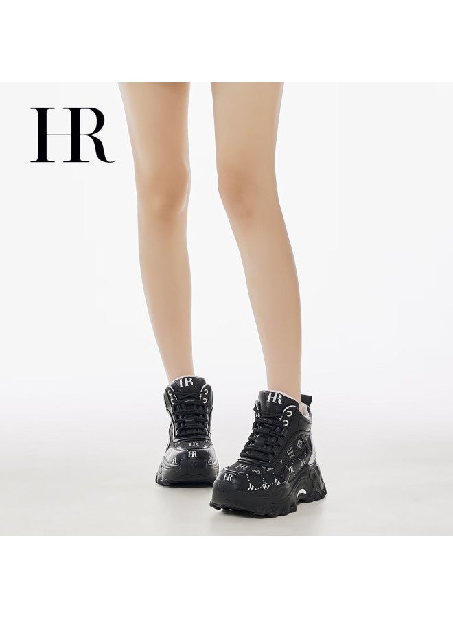 Hrhr Women's Shoes Autumn Winter New High-top Thick-soled Fleece-lined Casual Dad Sneakers Black Silver Size 38 - Image 2