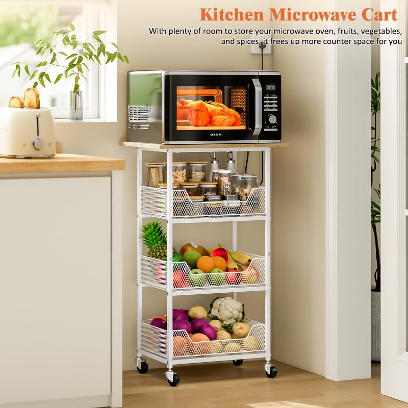 ThreeHio Kitchen Microwave Cart with Fruit Baskets, 4 Tier Microwave Table Stand with Storage, Kitchen Storge Shelf on Wheels Small Rolling Cart Organizer Rack for Pantry, Living Room, Bathroom - Image 2