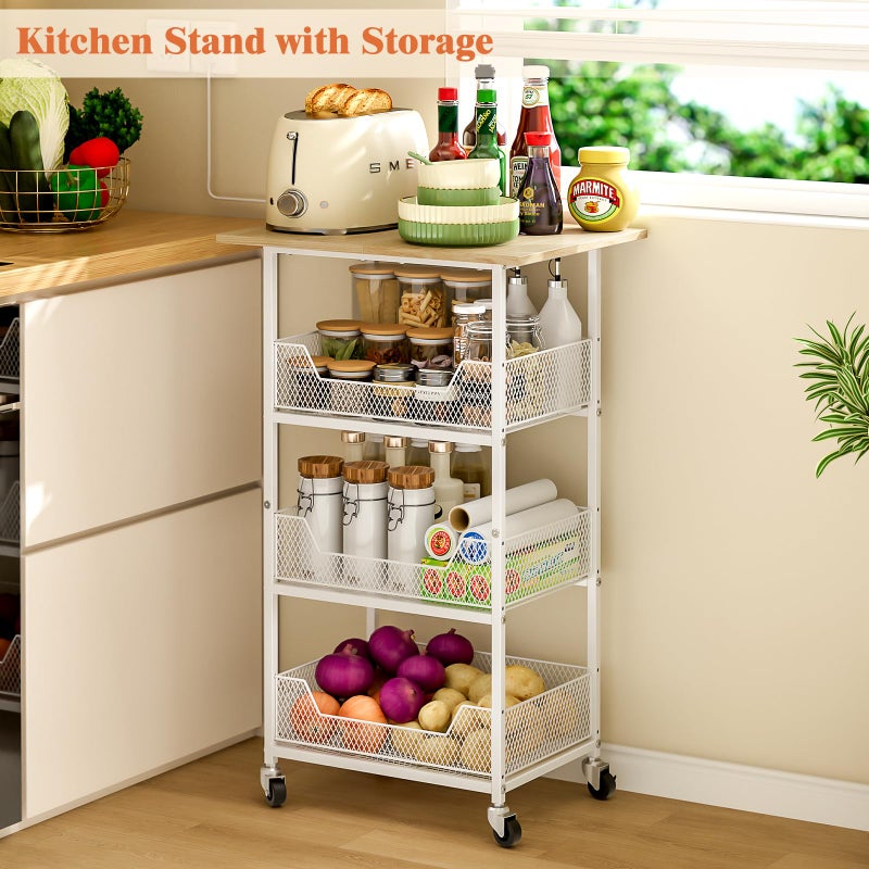 ThreeHio Kitchen Microwave Cart with Fruit Baskets, 4 Tier Microwave Table Stand with Storage, Kitchen Storge Shelf on Wheels Small Rolling Cart Organizer Rack for Pantry, Living Room, Bathroom - Image 3