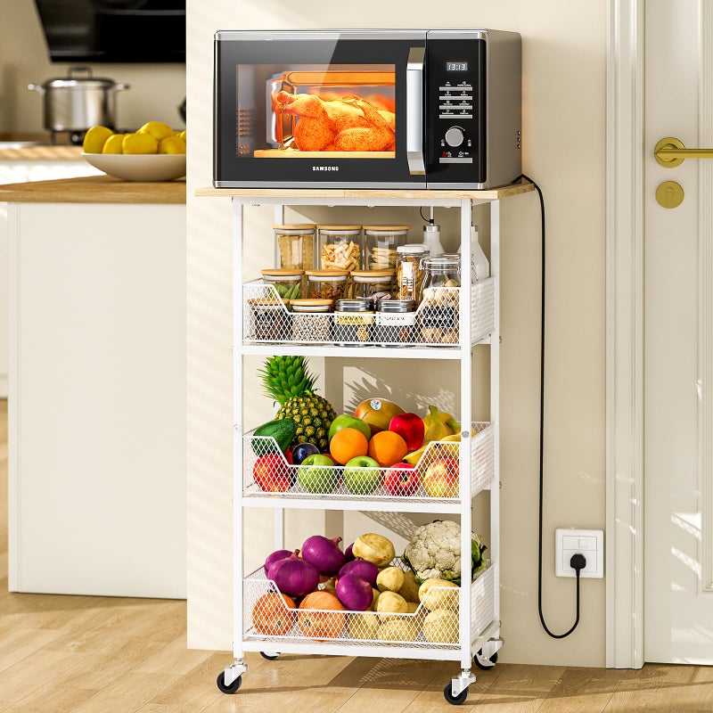 ThreeHio Kitchen Microwave Cart with Fruit Baskets, 4 Tier Microwave Table Stand with Storage, Kitchen Storge Shelf on Wheels Small Rolling Cart Organizer Rack for Pantry, Living Room, Bathroom - Image 1