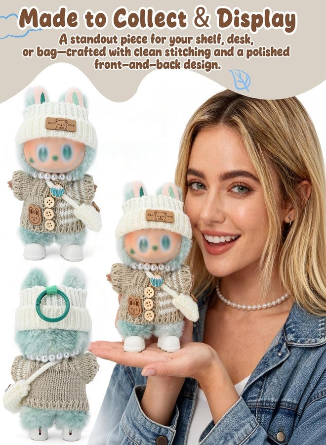 Evowatt Doll Outfits, Clothes for Labubu 17cm Doll, 4-Piece Knitted Doll Clothes Set - Striped Sweater, Beanie Hat, Mini Bag & Shell Bracelet, Brown - Image 3