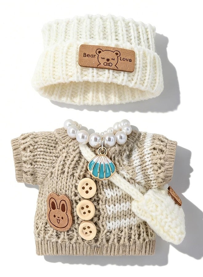 Evowatt Doll Outfits, Clothes for Labubu 17cm Doll, 4-Piece Knitted Doll Clothes Set - Striped Sweater, Beanie Hat, Mini Bag & Shell Bracelet, Brown - Image 4