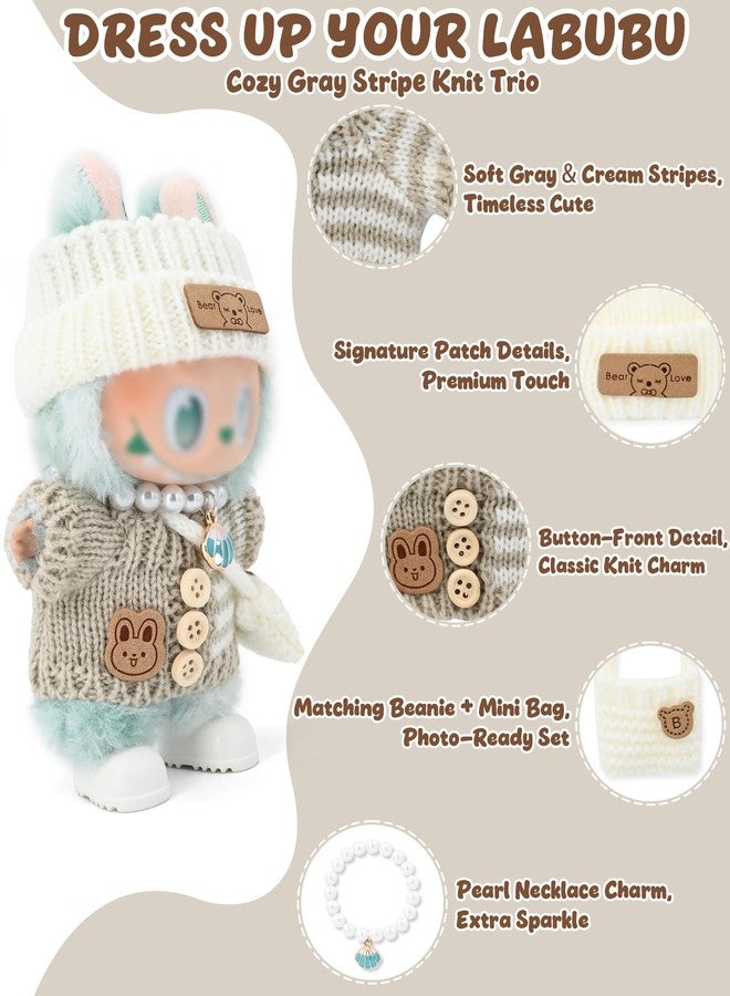 Evowatt Doll Outfits, Clothes for Labubu 17cm Doll, 4-Piece Knitted Doll Clothes Set - Striped Sweater, Beanie Hat, Mini Bag & Shell Bracelet, Brown - Image 2