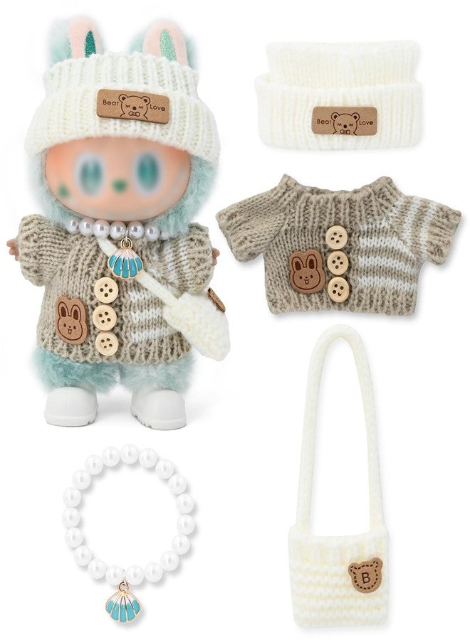 Evowatt Doll Outfits, Clothes for Labubu 17cm Doll, 4-Piece Knitted Doll Clothes Set - Striped Sweater, Beanie Hat, Mini Bag & Shell Bracelet, Brown - Image 1