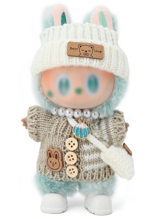 Evowatt Doll Outfits, Clothes for Labubu 17cm Doll, 4-Piece Knitted Doll Clothes Set - Striped Sweater, Beanie Hat, Mini Bag & Shell Bracelet, Brown - Image 5