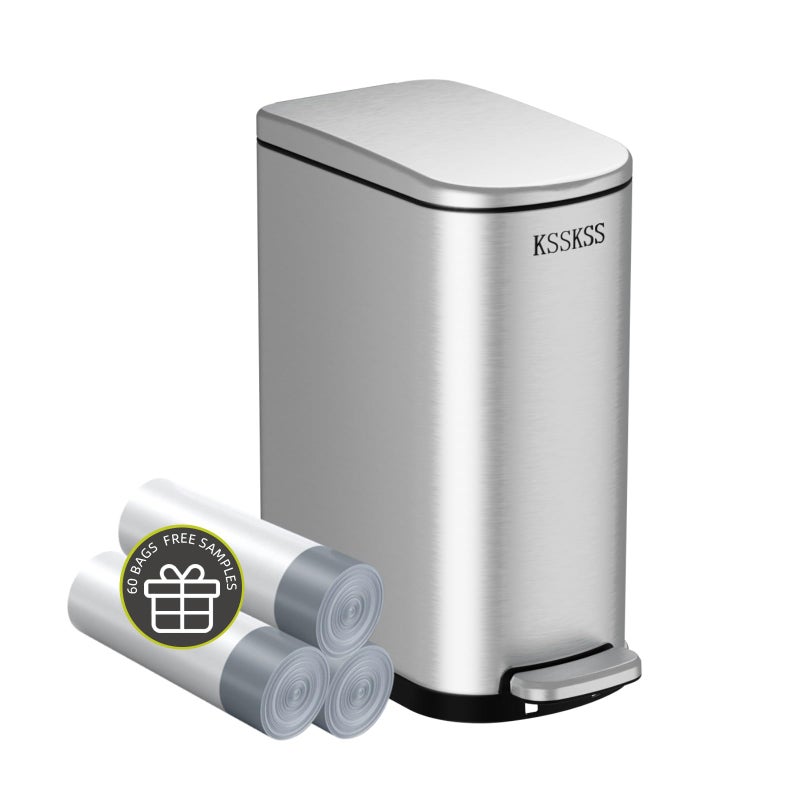 KSSKSS 26 Gallon Slim Bathroom Trash Can with Soft Close Lid 10L Stainless Steel Garbage Can with Removable Liner Bucket for Narrow SpacesBathroom Bedroom Silver