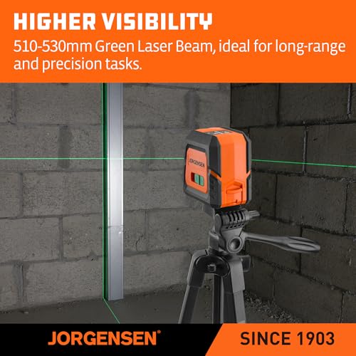 JORGENSEN Laser Level with Tripod & 2 Plumb Dots, 100 FT Self Leveling Point Cross Line Laser Leveler Tool, Wide Angle Green Laser Level for Picture Hanging, Indoor Project, Construction, Carry Bag - Image 3