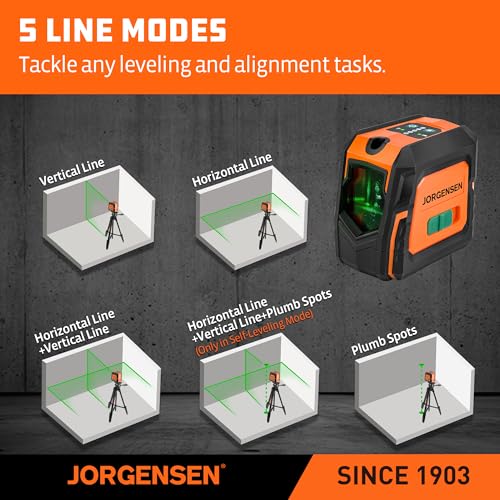 JORGENSEN Laser Level with Tripod & 2 Plumb Dots, 100 FT Self Leveling Point Cross Line Laser Leveler Tool, Wide Angle Green Laser Level for Picture Hanging, Indoor Project, Construction, Carry Bag - Image 4