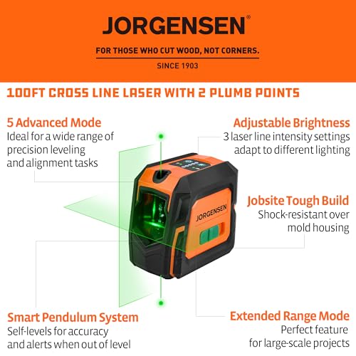 JORGENSEN Laser Level with Tripod & 2 Plumb Dots, 100 FT Self Leveling Point Cross Line Laser Leveler Tool, Wide Angle Green Laser Level for Picture Hanging, Indoor Project, Construction, Carry Bag - Image 2