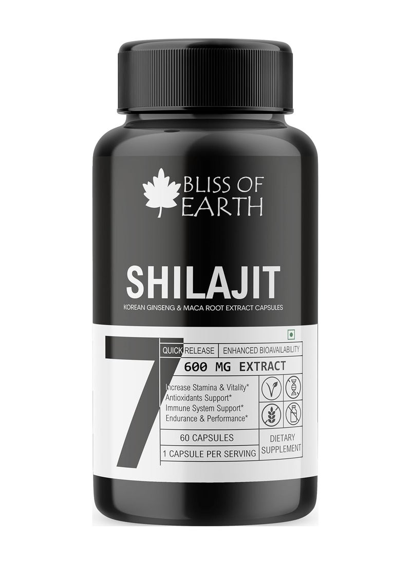 BLISS OF EARTH Shilajit Capsules 600Mg Per Serving 60 Counts With Korean Red Panax Ginseng And Maca Root Extract  - Image 1