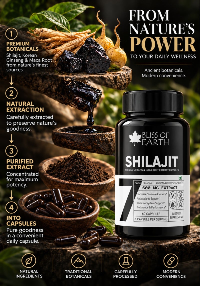 Bliss of Earth Shilajit Capsules 600Mg Per Serving 60 Counts With Korean Red Panax Ginseng And Maca Root Extract - Image 3